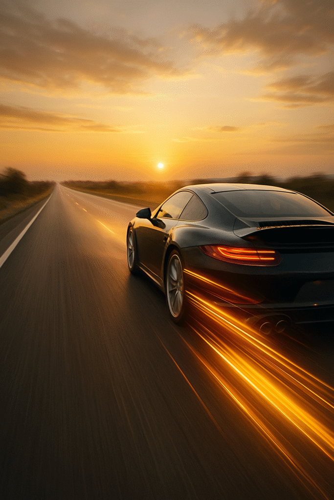 Car Accelerate on highway, sunset