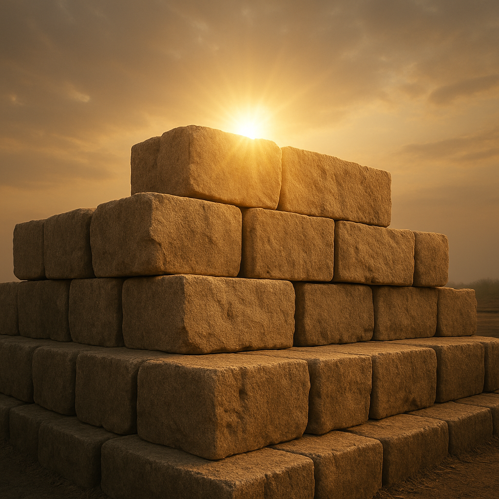 Stone block as fundament. Sunset. Rebuilt focus