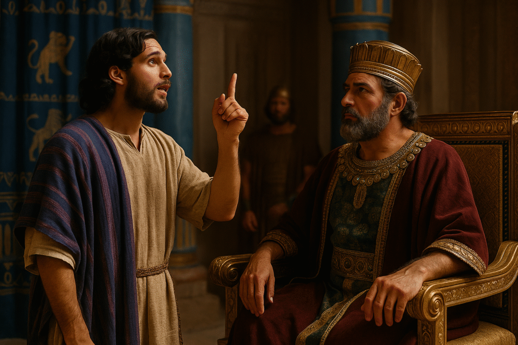 Daniel points to heaven while explaining King Nebuchadnezzar’s dream inside a grand Babylonian hall, symbolizing faith and wisdom in leadership.