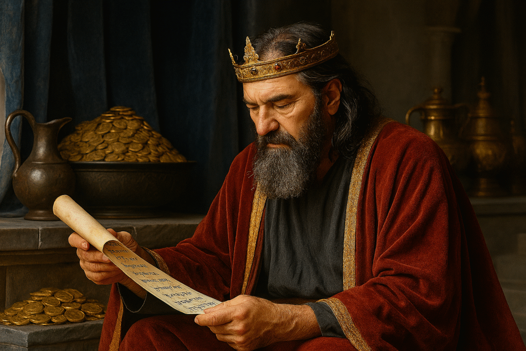Solomon reading scripture, gaining wisdom