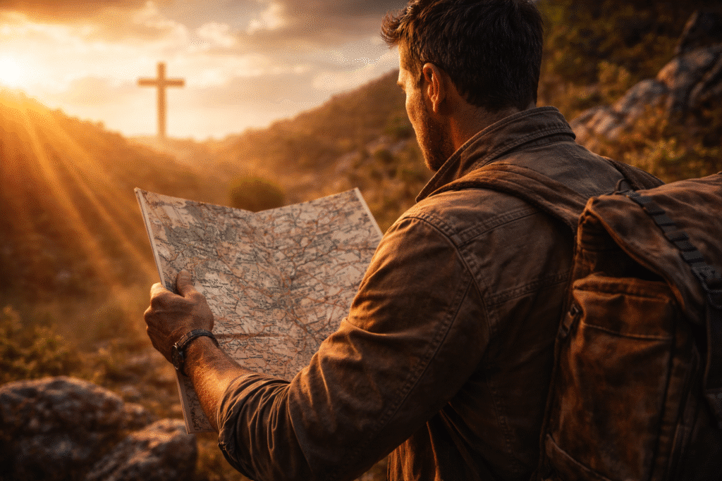 Man searching for purpose. The Cross of Christ. Reading a map. 6 Ancient Jewish Secrets