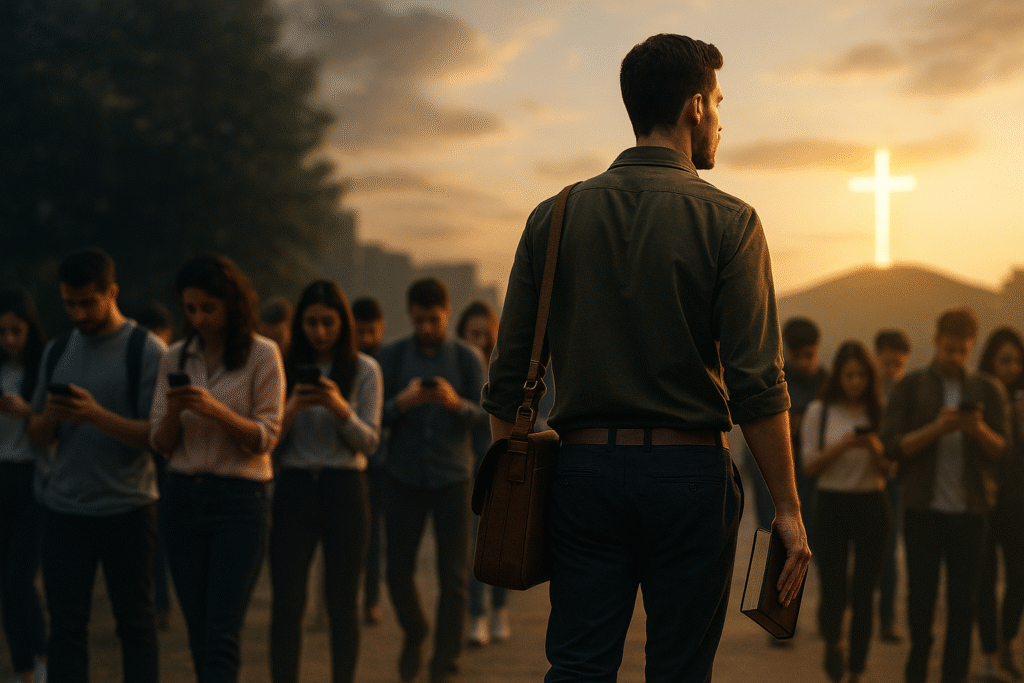 Man walking against the stream with a bible in his hand. 40 Biblical Business Secrets