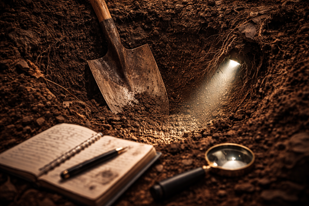 Digging in the ground with a shovel. Notebook and a pen. 5 Whys Technique