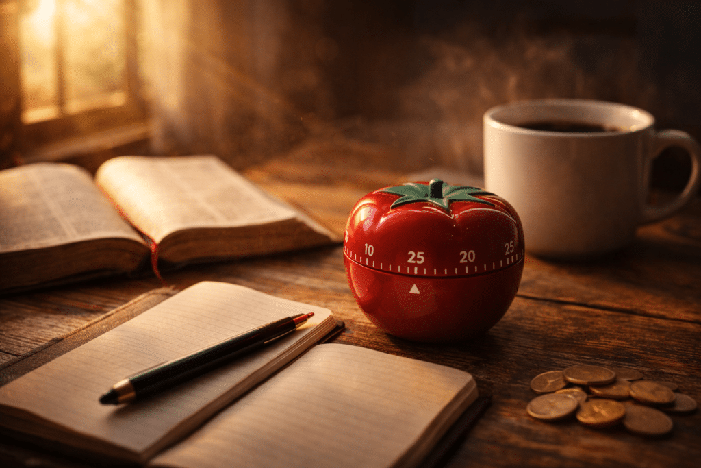 Book and a pen. A timer that looks like a tomato. Pomodoro Prayer Technique