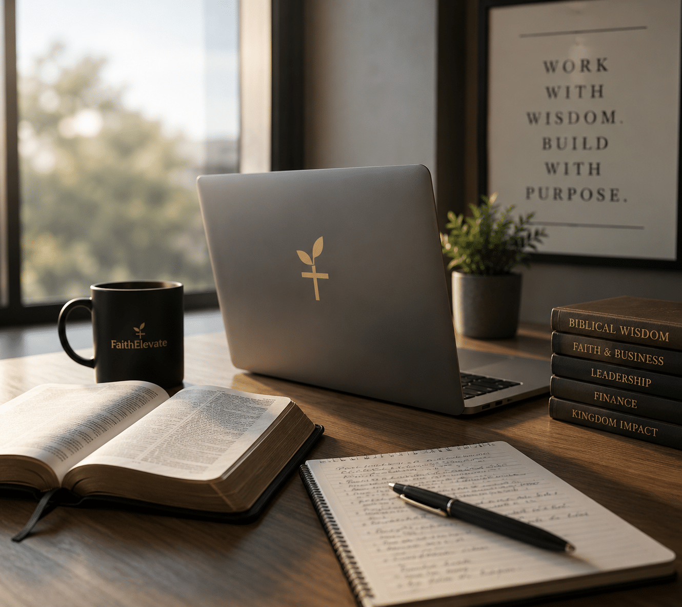 FaithElevate workspace with Bible, notes, laptop and books about faith, business, leadership and finance