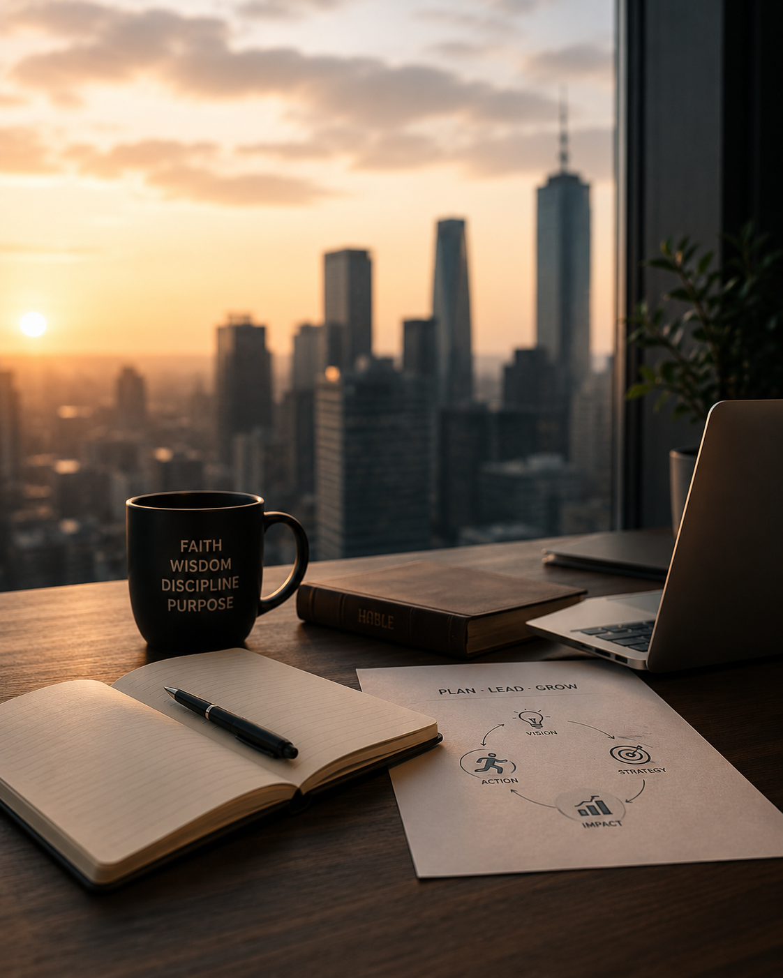 Faith-based business workspace with Bible, laptop, notebook and strategy plan