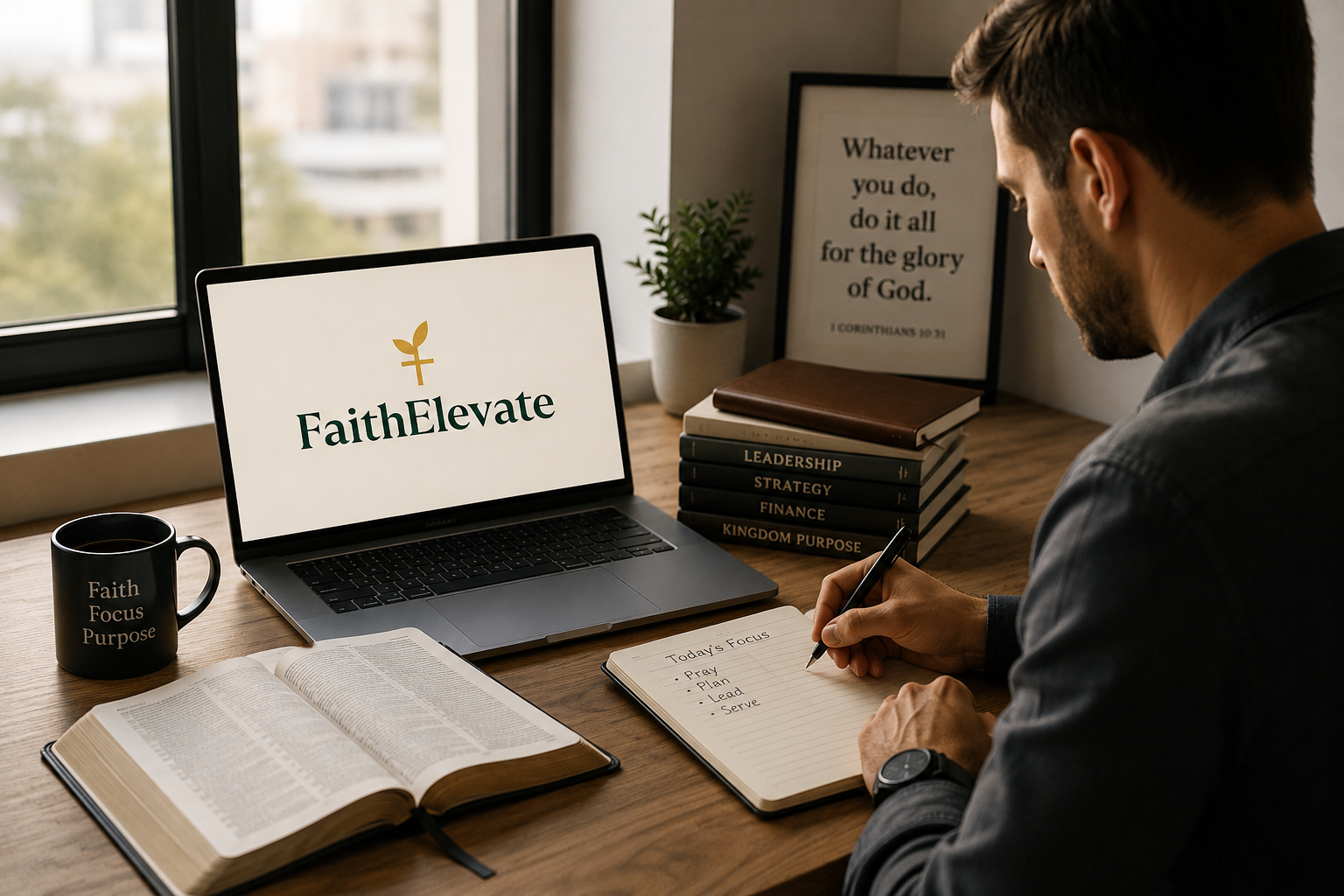 Christian entrepreneur studying Scripture and planning business strategy with FaithElevate