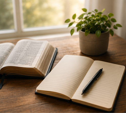 An open Bible and notebook from the Breaking the Hidden Chains story