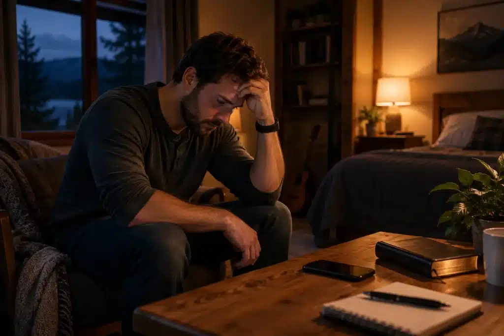 Man resting his head in his hand beside a Bible, notebook and face-down phone, noticing porn relapse warning signs