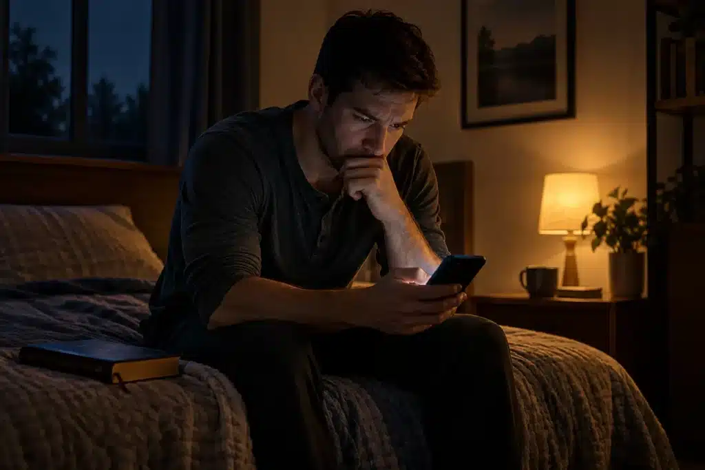 Man sitting on his bed at night looking at his phone, facing porn temptation with a Bible beside him