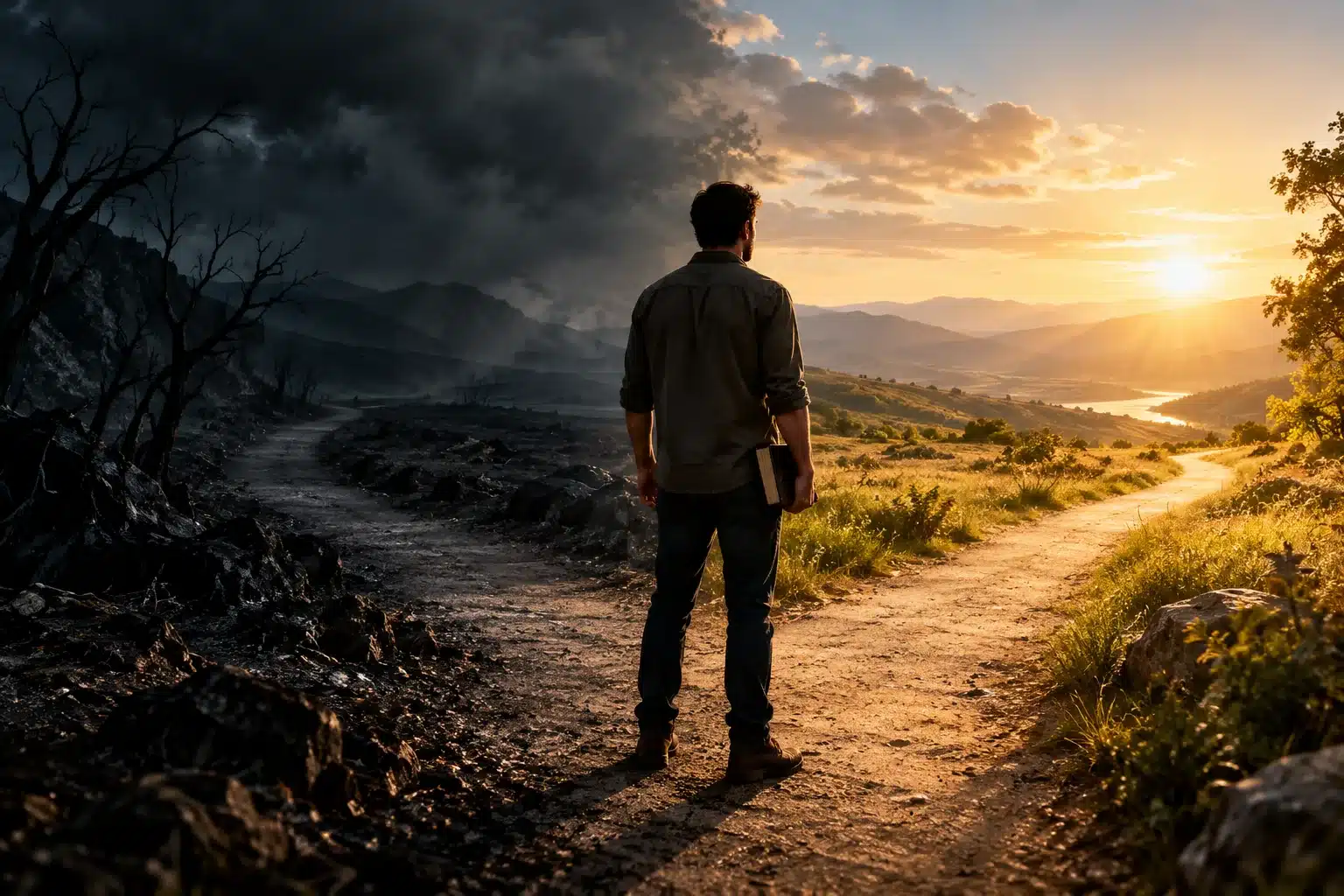 Man holding a Bible at a crossroads between a dark burned path and a sunlit path, a picture of Spirit vs flesh