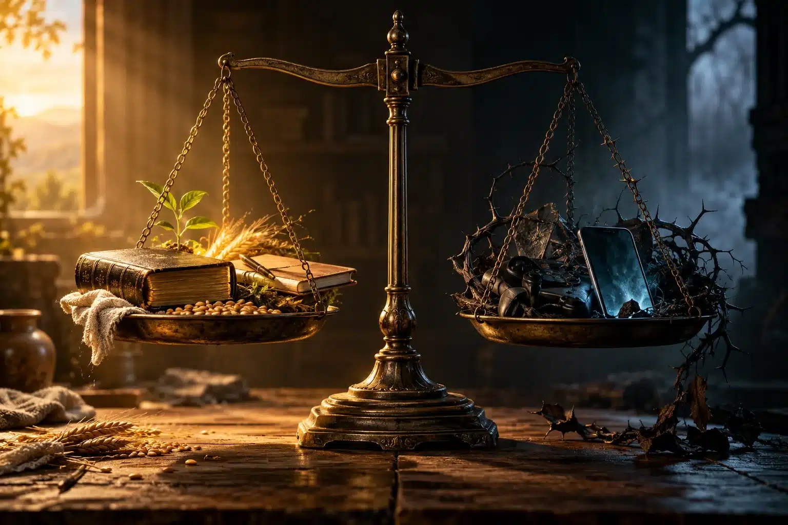 Scale weighing a Bible, seeds and a young sprout against a phone and game controller in thorns, a picture of Spirit vs flesh